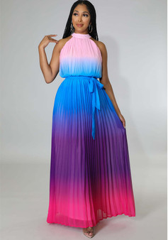 Women's Round Neck Sleeveless Maxi Pleated Tie Dye Pressed Pleated Slim Waist Rainbow Dress