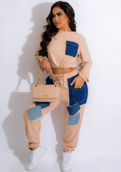 Trendy Color Contrast Denim Patchwork Drawstring Cropped Hoodies Two-Piece Set