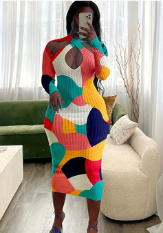 Women's Plus Size Printed Long Sleeve Dress