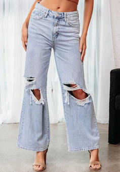 Women's Knee Ripped Denim Pants Straight Light Trousers