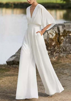 Spring And Summer Solid Color Fashion V-Neck Jumpsuit Mid-Waist Chic Career Jumpsuit