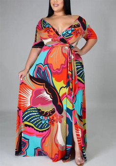 Plus Size Women Sexy V-Neck Printed Dress