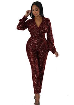 Women Long Sleeve V Neck Sequined Jumpsuit