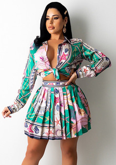 women's autumn and winter long sleeve printed pleated skirt suit