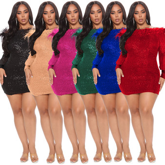 Plus Size Women Fall Long Sleeve Sequin Bodycon Dress