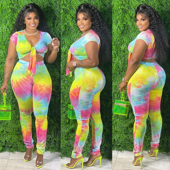 Plus Size Women Tie Dye Gradient Print Lace Up Sexy Crop Top+ Pant Two Piece