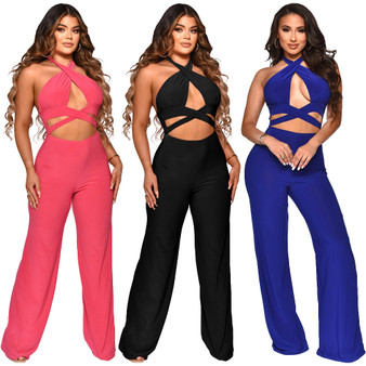 Women Pants Halter Neck Sleeveless Solid Color Wide Leg Jumpsuit