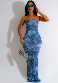 Women's Strapless Print Fitted Long Dress