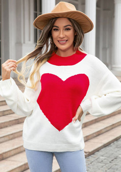 Autumn And Winter Big Heart Print Valentine'S Day Heart Sweater Round Neck Knitting Pullover Sweater Women