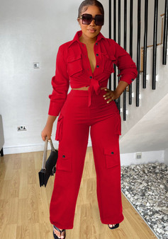 Women Cargo Long Sleeve Top and Wide Leg Pants Solid Two-Piece Set