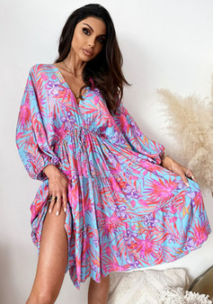 Women summer v-neck short-sleeve printed loose dress