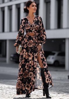 Fashion Print Long Sleeve V Neck Crop Top Slit Long Skirt Two Piece Set