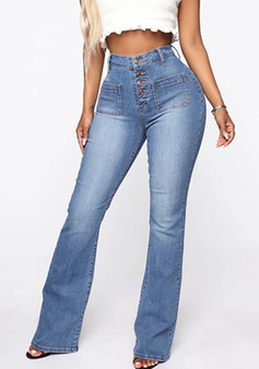 Ladies Fashion Jeans Button Patch Pockets Wash Trousers Denim Pants