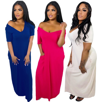 Women Sexy Solid Short Sleeve V-neck Long Dress