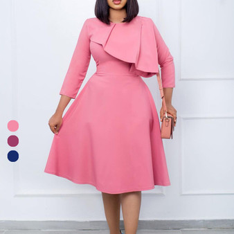 Women Fall/Winter Round Neck Solid Ruffles Long Sleeve Dress