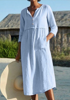 Women Round Neck Button Pocket linen Half-Sleeve Solid Dress