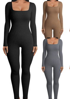 Women's Solid Color Long Sleeve Ribbed Square Neck Low Back Butt Lift Slim Athletic Jumpsuit