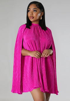 Women Solid Pleated Shawl Sleeve Dress