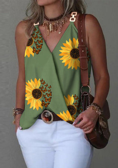 Women Summer Simple V-Neck Metal Buckle Printed Vest Top