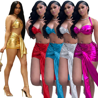 CLEARANCE - Size S - Women's Nightclub Fashion Bright Color Halter Crop Thank Top Wrap Tied Mini Skirt Two-Piece Set
