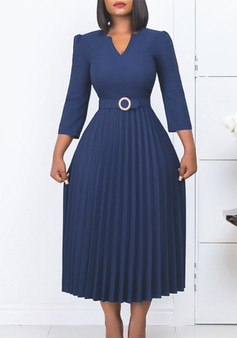 Women Autumn V-neck Elegant Pleated Dress