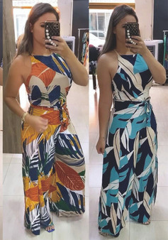 Sexy Fashion Multicolor Print Belt Sleeveless Jumpsuit