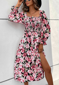 Autumn French Women's Low Back Long Sleeve Square Neck Foral Printed Slit Dress