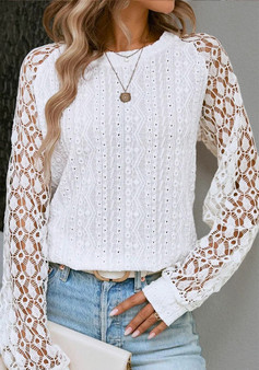 Autumn Long Sleeve Round Neck Lace Patchwork Solid Color Shirt