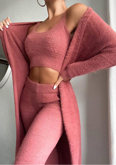 Sexy Solid Fleece Short Vest Trousers Voat Three-Piece Set For Women