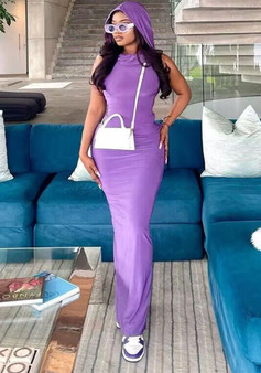 Summer Ladies Solid Color Hooded Sleeveless Bodycon Slit Dress Women