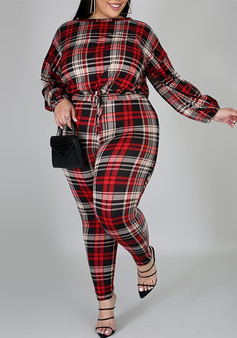 Plus Size Women Plaid Print Long Sleeve Top and Pant Two-piece Set