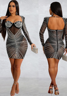 Fashion Women's Solid Color Mesh Beaded Long Sleeve Short Club Dress