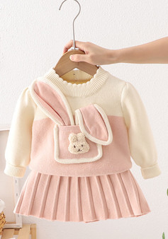 Girl Cartoon Rabbit Pocket Sweater and Skirt Two-piece Set