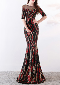 High end sequin stripe color matching slim fitting dinner party annual dress long woman