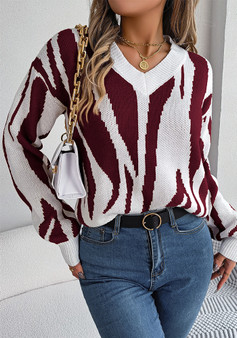 Autumn And Winter Casual V-Neck Contrast Color Long Sleeve Pullover Basic Sweater Women's Clothing