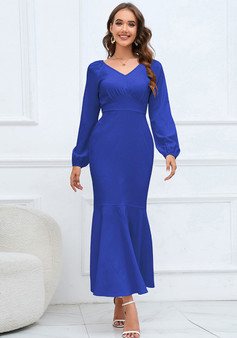 Plus Size Women V Neck Long Sleeve Mermaid Dress