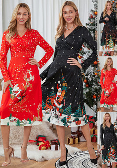 Christmas Women v-neck long sleeve printed dress