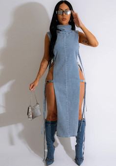 Denim dress sexy hollow wash high neck women