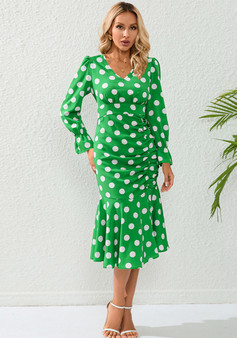 Sexy Polka Dot V-Neck Long Sleeve Dress Pleated Mermaid Dress Slim Chic Mid Length Dress Plus Size