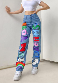 Trendy High Waist Loose Printed Graffiti Women's Denim Pants