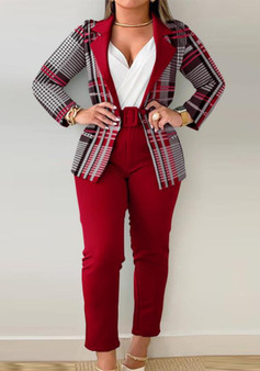 Women Printed Casual Blazer and Pant Two-Piece Set with Belt