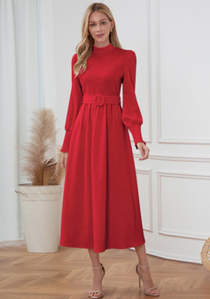 Women Solid Color Slim Stand Collar Slim Fit Chic Maxi Dress