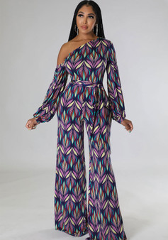 Women Pants Fall Slash Shoulder Long Sleeve Print Jumpsuit