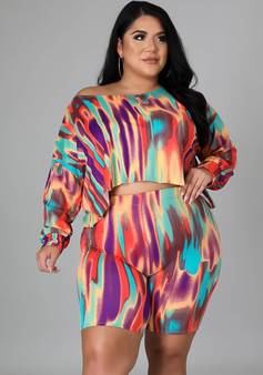 Plus Size Women Fall Multi-Color Print Top and Shors Two-piece Set