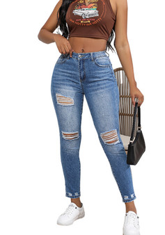 Plus Size  Women's Autumn Elastic High Waist Vintage Washed Ripped Tight Fitting Denim Pants