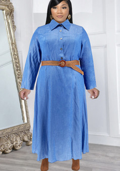 Plus Size Women's Winter Denim Turndown Collared Button Up Long Sleeve Casual Shirt Dress