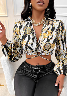 Women Printed Lace-Up Long Sleeve Shirt