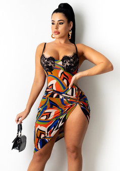 Women's Print Sexy Straps Bodysuit Irregular Skirt Two-Piece Set