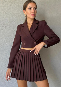 Stylish Casual Suit Slim Fit Chic Short Long Sleeve Blazer High Waist Pleated Miniskirt