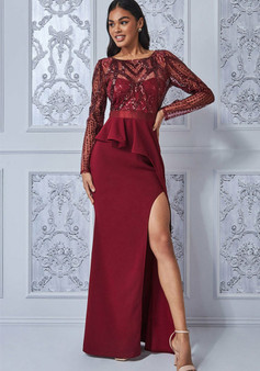 Women Elegant Long Sleeves Sequins Slit Evening Dress